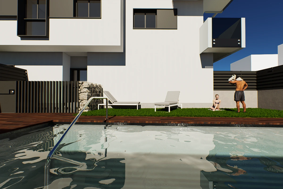 Piscina y zona ajardinada del Edificio Targo
