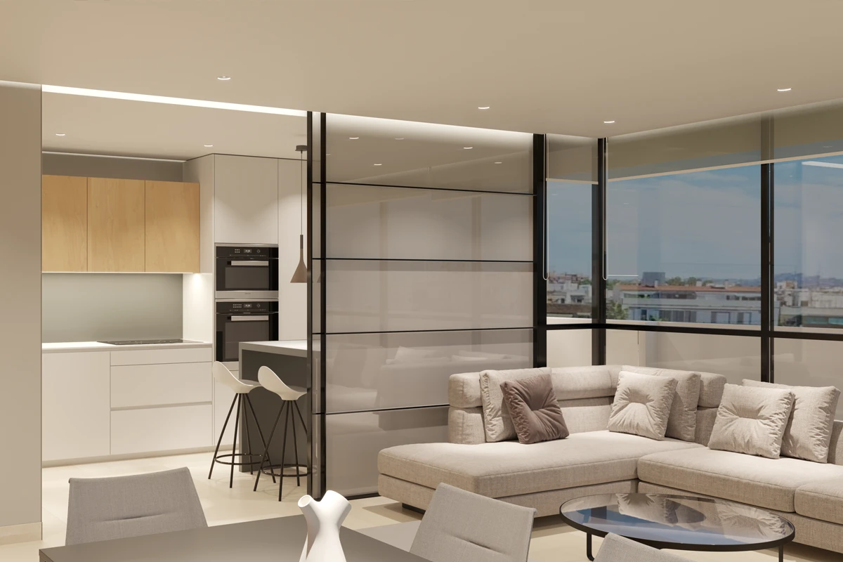 Salón con cocina abierta y vistas de una vivienda del Edificio Targo